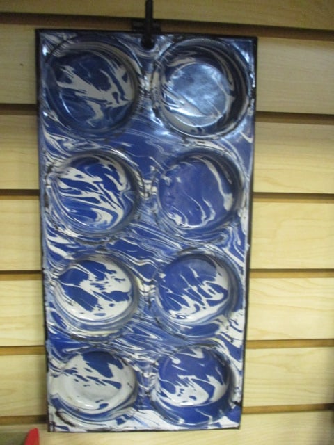 Antique Blue/White Swirl Graniteware Muffin Pan: 14 1/4" x 7 1/4" x 1", some crazing and finish chips