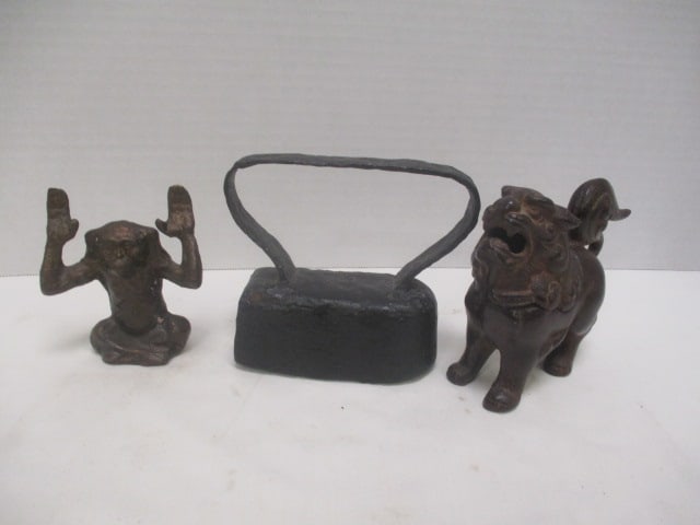 Cast Metal Antique Sadiron, Vintage Foo Dog Figure and "Hands Up" Monkey: Foo Dog 4 1/2"h, Monkey 3 3/4"h