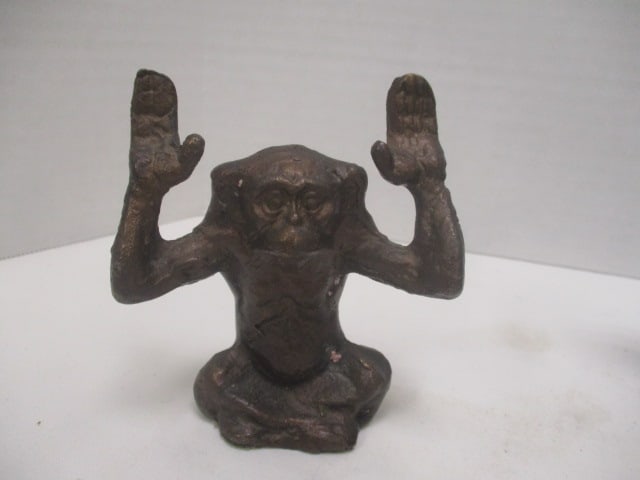 Cast Metal Antique Sadiron, Vintage Foo Dog Figure and "Hands Up" Monkey - 2
