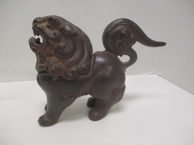 Cast Metal Antique Sadiron, Vintage Foo Dog Figure and "Hands Up" Monkey - 4
