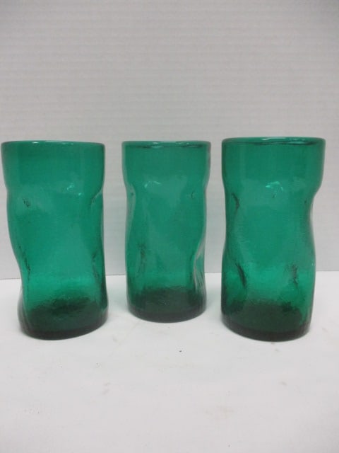 Three Midcentury Blenko "Pinched" Green Crackle Glass Tumblers: 6"h, Blenko per consigner note, have pontils on bottom