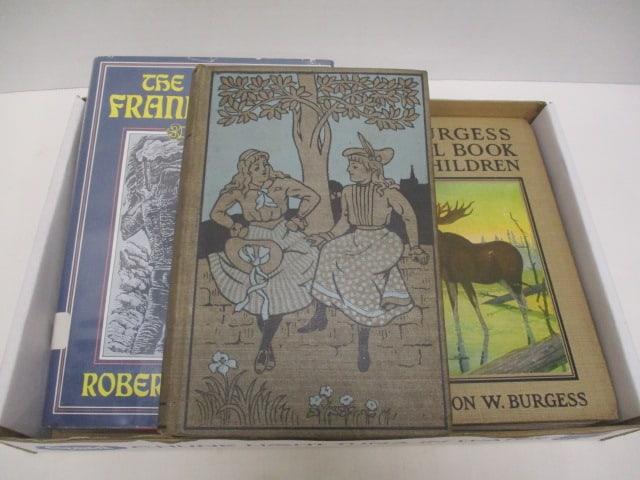 Three Old Children's Hardback Books: The Mershon Co. Publishers "Flower Fables" by Louisa May Alcott, 1950 Little Brown and Co. Publishers "The Burgess Animal Book for Children" by Thornton W. Burgess and 1976 "The Slave of Frankenstein 
