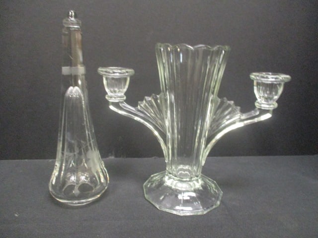 Circa 1930's Jeanette Candelabra Vase and 1910's Etched Automobile Vase: Jeanette 7 1/2"h, Car vase 8 3/4"h, dating and identification per consigner note