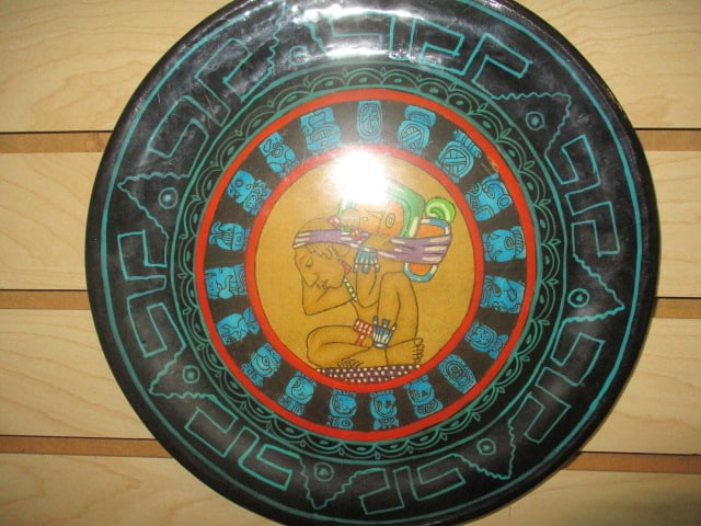 Handpainted Terra Cotta Myan Motif Wall Plaque: 10"dia