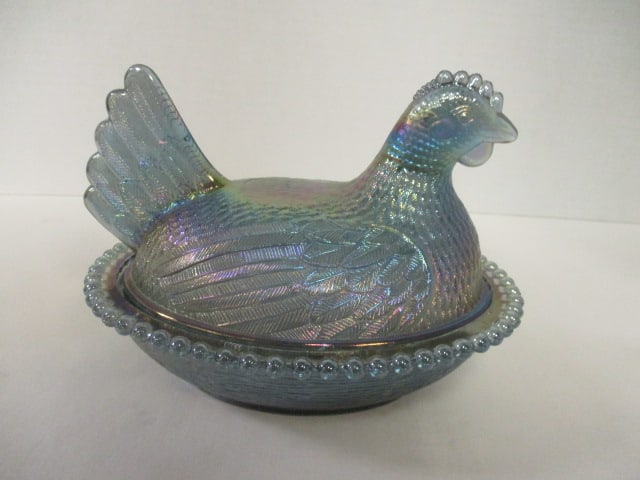 Indiana Glass Iridescent Carnival Glass Hen on Nest Dish: 5 1/2"h, light blue base glass