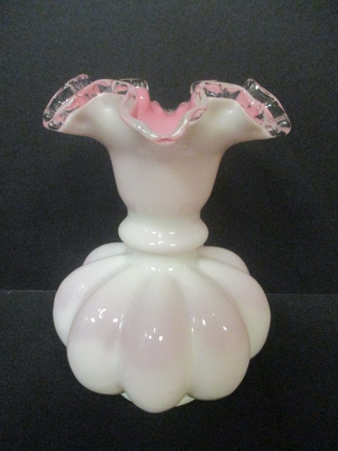 Circa 1940-50 Fenton Pink Crest Melon Ruffle Vase: 8"h