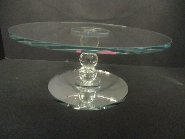 Custom Glass Cake Stand with Faceted Pedestal and Mirror Base: 10 3/4"dia x 5"h