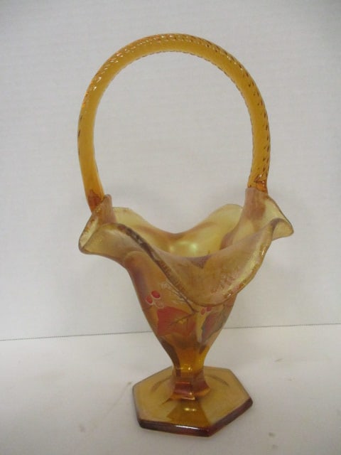 Vintage Signed Fenton Handpainted Aurene Glass Basket: 9 1/2"h, see has Fenton oval and Script "F" on bottom, see pictures and preview for artist signature