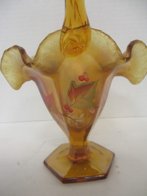 Vintage Signed Fenton Handpainted Aurene Glass Basket - 2