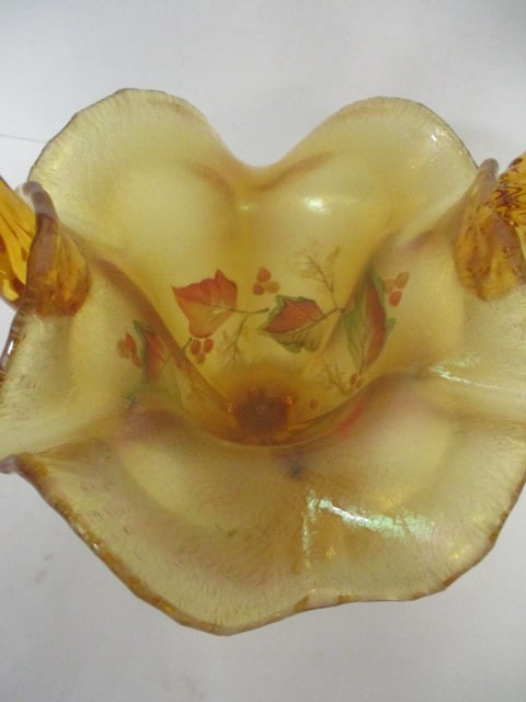 Vintage Signed Fenton Handpainted Aurene Glass Basket - 3