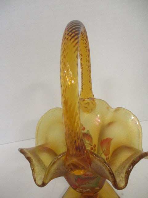 Vintage Signed Fenton Handpainted Aurene Glass Basket - 4