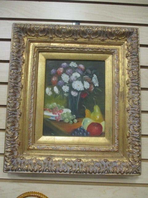 Silva Z. Signed Flower and Fruit Still Life Painting in Ornate Gilt Frame: 16 1/4" x 18", per consigner note painting sold in 1998 for $125.00