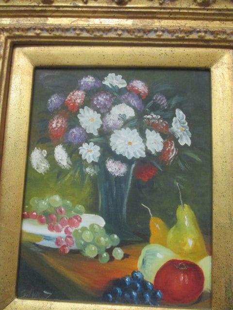 Silva Z. Signed Flower and Fruit Still Life Painting in Ornate Gilt Frame - 2