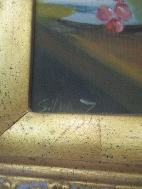 Silva Z. Signed Flower and Fruit Still Life Painting in Ornate Gilt Frame - 3