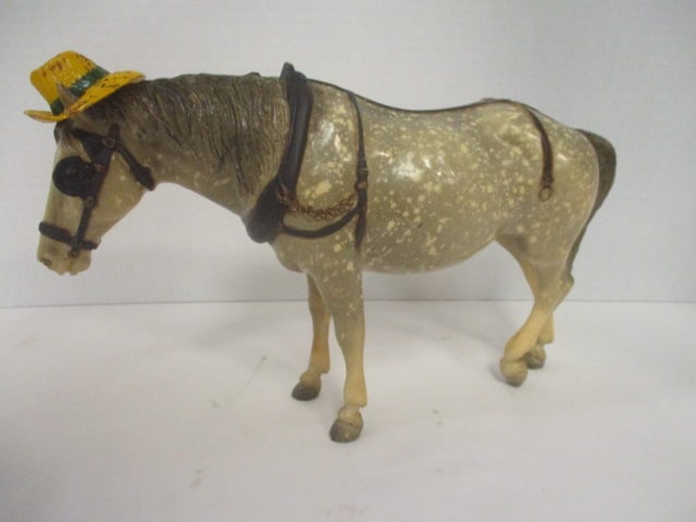 1960's Breyer "Old Timer" Horse Figure: 7"h, horse is wearing a straw hat with blinders and horse collar