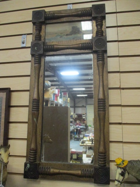 Circa 1890-1900 Antique Empire Style Trumeau Mirror: 14" x 30 1/2", has original Ocean Scape lithograph print, Local Pickup Suggested