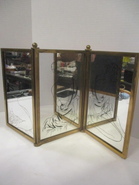 1970-80's Unusual 3 Panel Nude Form Dresser Mirror: each panel 7" x 11 1/4", brass frame, per consigner note unidentified-appears American made