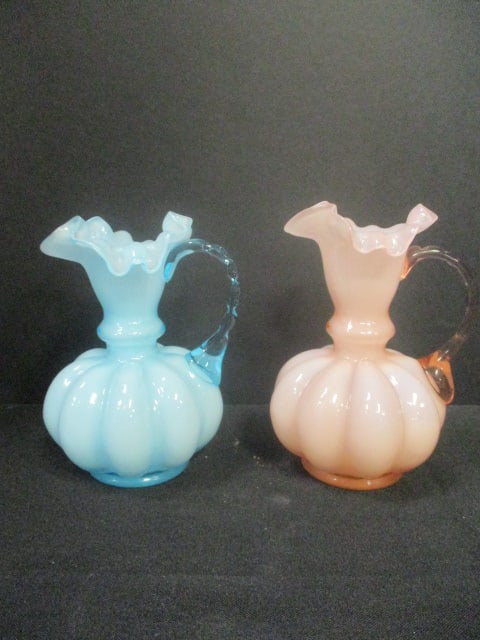 Two Circa 1940's Unmarked Fenton Melon Shape Small Ewers: both 5"h, one blue one pink, dating and identification per consigner note