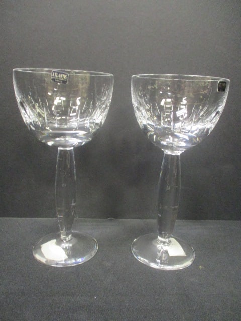 Pair of Atlantis Portugal Crystal "Coliseum" Crystal Goblets: 8"h, has acid marks on foot and stickers on bowl