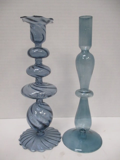 Two Hand Blown Art Glass Candleholders: 10"h