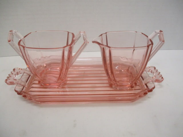Circa 1930-40's Pink Depression Glass Creamer, Open Sugar Bowl and Underplate: 3 1/2"h, dating and identification per consigner note