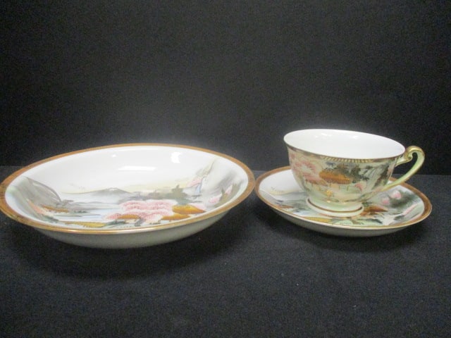 Vintage Japanese Kutani Porcelain Bowl, Teacup and Saucer: Cherry Blossom Trees with Bridge scene