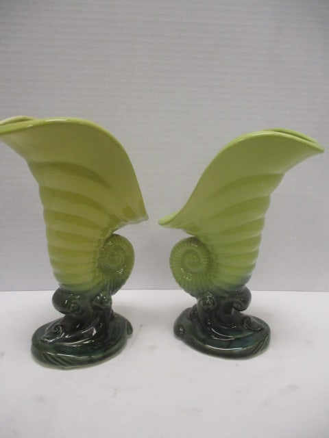 Pair of Midcentury Hull Cornucopia Vases: 9 1/4"h, Hull USA #102 on base