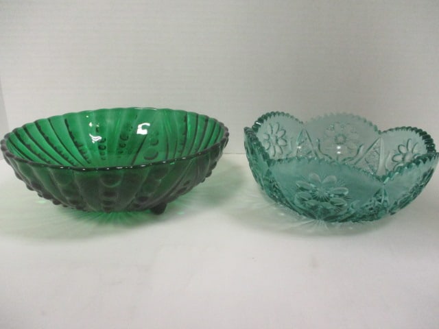 Anchor Hocking Forest Green Glass Bubble Bowl and Teal Daisy and Hobstar Bowl (1 of 7)
