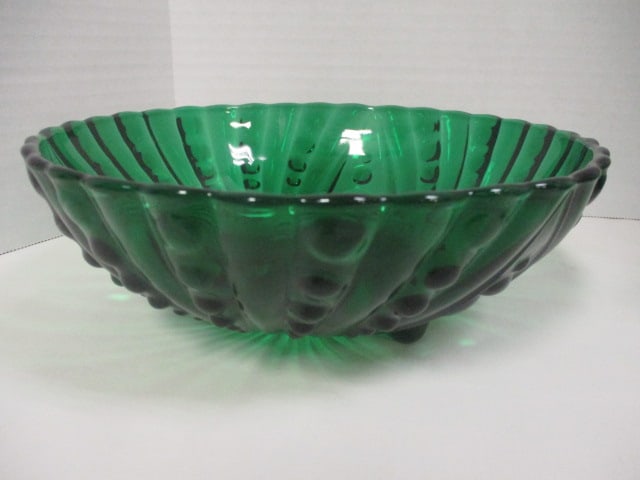 Anchor Hocking Forest Green Glass Bubble Bowl and Teal Daisy and Hobstar Bowl - 2
