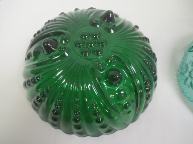Anchor Hocking Forest Green Glass Bubble Bowl and Teal Daisy and Hobstar Bowl - 7