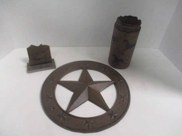 Western Themed Accessories-Cast Metal Lone Star Wall Plaque, Charles Mason: Business Card Stand and De Salsa Pottery Pillar Candleholder