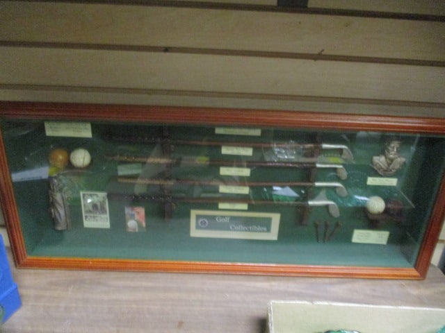 Replica of Vintage Golfing Items in Shadow Box Frame: 33 1/4" x 14" x 3 1/2", Local Pickup Suggested