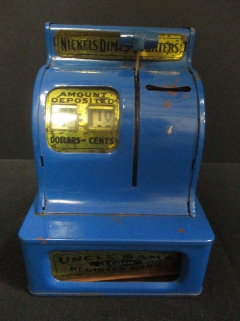 1950-60's "Uncle Sam's" 3 Coin Register Coin Bank: 6 1/4"h, some rust spots and dings, per consigner note sells from $10-50 dollars