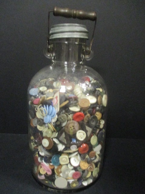 Old One Gallon Jar with Zinc Lid Almost Full of Old Buttons: .
