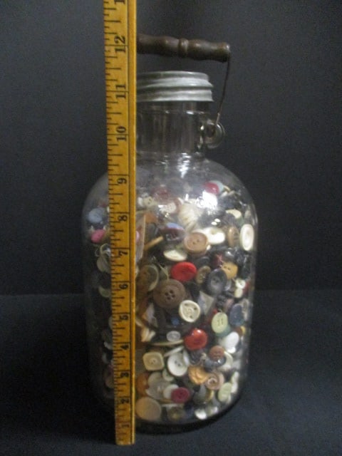 Old One Gallon Jar with Zinc Lid Almost Full of Old Buttons - 6