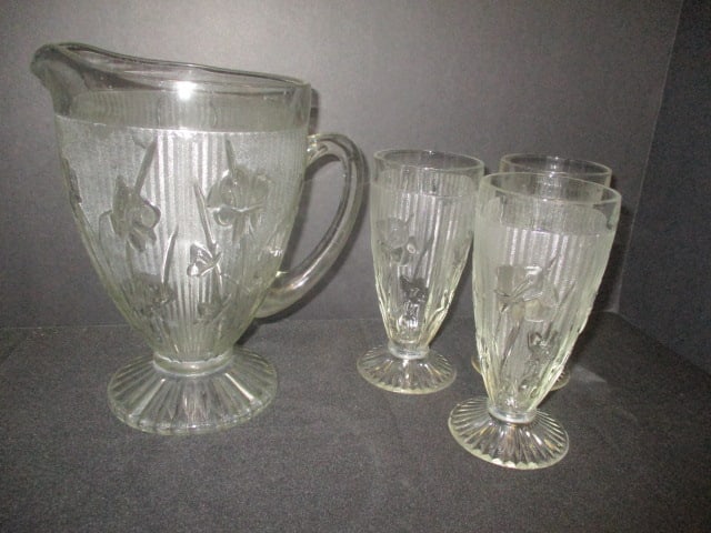 Circa 1930-40's Jeannette Glass Iris & Herringbone Pitcher and Goblet Set: Pitcher 9"h, (3)6 3/4"h footed goblets