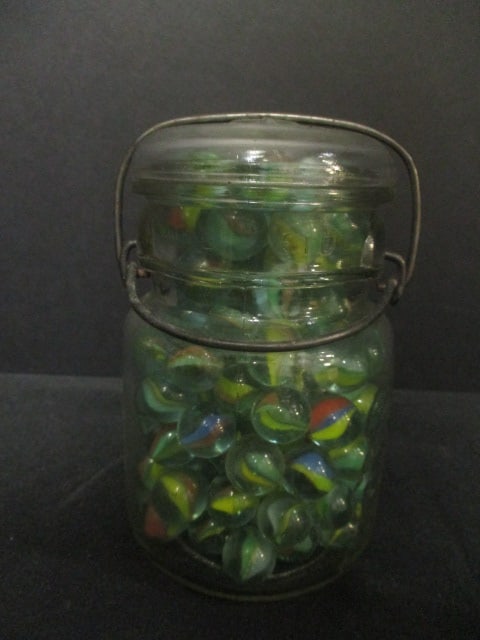 Pint Size Ball Mason Jar Full of Vintage Marbles: Jar July 14, 1908 on bottom