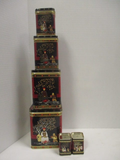 Matching Chinoiserie Style 4 Piece Nesting Tea Tin Set and Pair of Shakers: .
