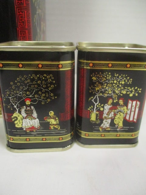 Matching Chinoiserie Style 4 Piece Nesting Tea Tin Set and Pair of Shakers - 2