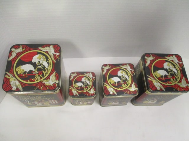 Matching Chinoiserie Style 4 Piece Nesting Tea Tin Set and Pair of Shakers - 4