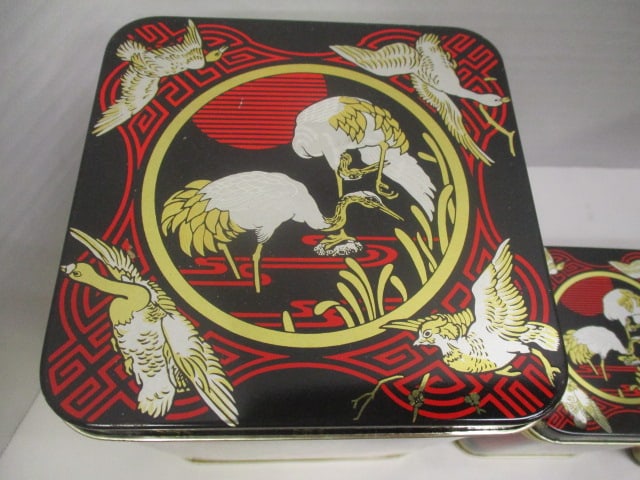 Matching Chinoiserie Style 4 Piece Nesting Tea Tin Set and Pair of Shakers - 5