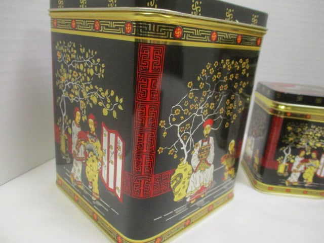 Matching Chinoiserie Style 4 Piece Nesting Tea Tin Set and Pair of Shakers - 6