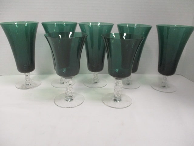 Tiffin Green Glass Stem Ware with Clear Dolphin Stems (1 of 6)