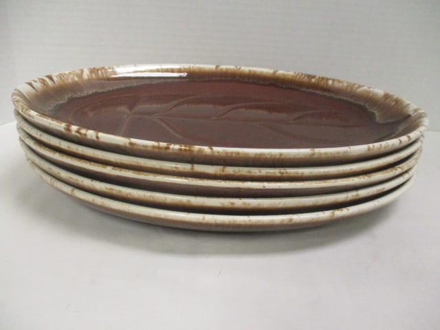Five McCoy Brown Drip Tree of Life Platters: 13" x 9 3/4", #7017, circa 1960's has raised Logo
