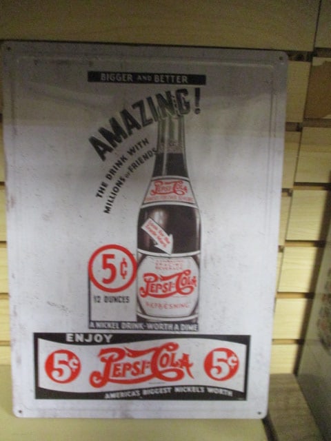 Nostalgic Embossed Metal "Pepsi 5 Cent Bigger and Better Amazing!" Sign (1 of 4)