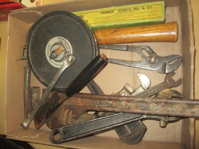 Old Hand Tools-Folding Ruler, Adjustable Pipe Wrench, Keson 100' Fiberglass Measure Tape, etc.: .