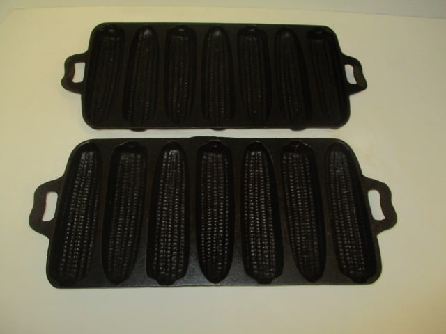 Two Vintage Cast Iron 7 Stick Cornstick Pans: 13" long