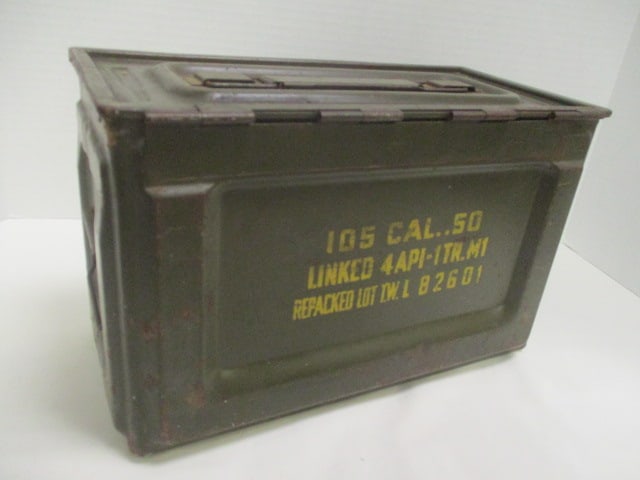 Vintage 1950's .50 Cal Ammo Box with Flaming Bomb Impressed Emblem: dating per consigner note
