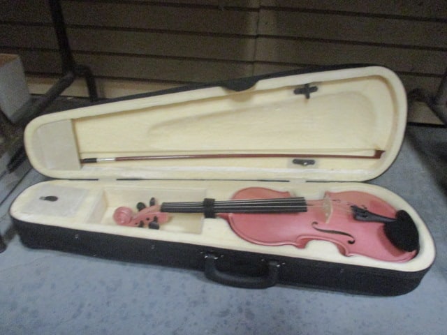 Pink Austin Baeaar Violin in Canvas Case: .