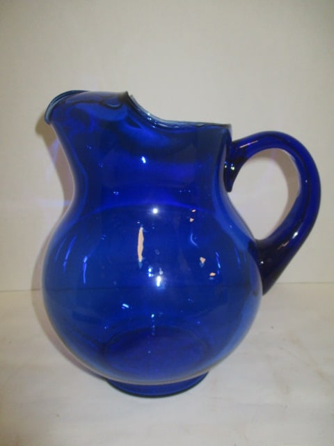 Vintage Cobalt Blue Glass Ball Pitcher with Ice Lip: 8 3/4"h